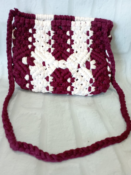 Handmade Macrame Cotton Sling Bag | Maroon & White