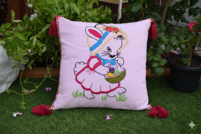 Handmade Embroidered Bunny Cushion Cover with Tassels | Premium Cotton Decorative Pillow Cover for Living Room & Kids Room