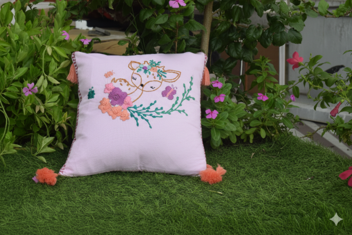 Handcrafted Floral Deer Embroidered Cushion Cover with Tassels  Soft Pink
