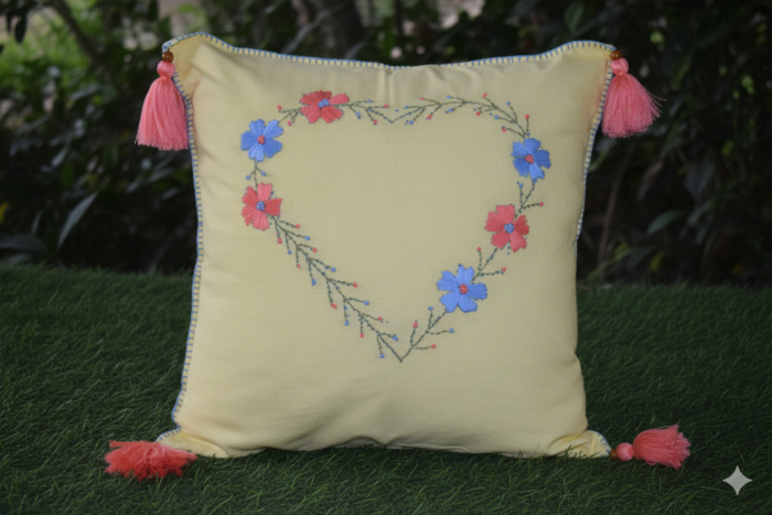 Handcrafted Floral Heart Embroidered Cushion Cover with Tassels 