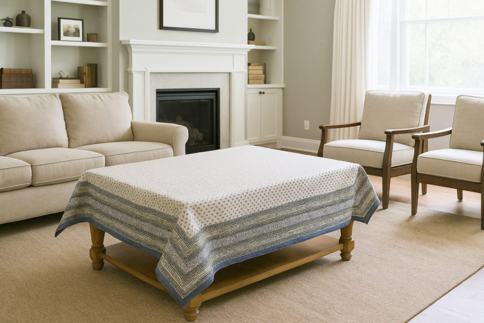 Karushilpam Hand Block Printed Table Cover | White & Blue