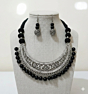 Black Onyx Silver Oxidised Crescent Necklace with Earrings
