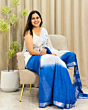 Linen Embroidery Saree Half & Half Design with Plain Border & Running Blouse - 100 Count Premium Linen