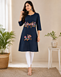 Women Navy Blue Floral Bird Embroidered Straight Kurti