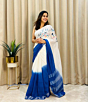 Linen Embroidery Saree Half & Half Design with Plain Border & Running Blouse - 100 Count Premium Linen