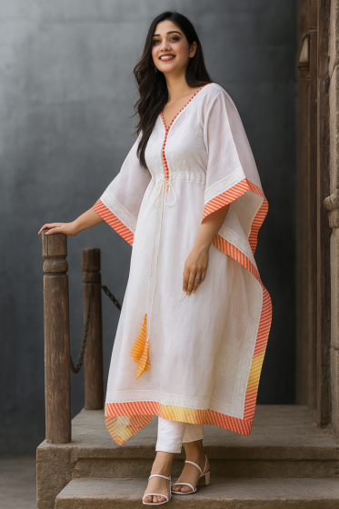 Women Cotton Kaftan Kurti | Stylish White Printed Kaftan Dress | Loose Fit Summer Wear | Comfortable Ethnic Wear for Women