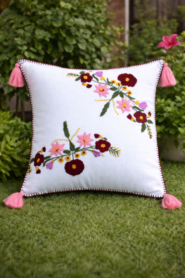 Handmade Floral Embroidered Cotton Cushion Cover with Tassels | Decorative Sofa Pillow Cover  Product Description