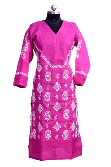 Hand-Embroidered V-Neck Kurti | Magenta
