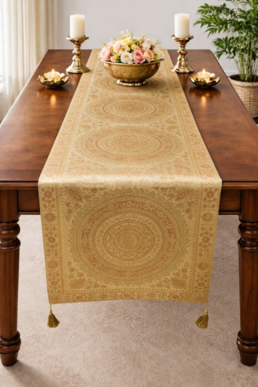 Premium Banarasi Brocade Silk Table Runner -Ethnic Mandala Design  16 x 72 inches - 6 Ft Long, Beige Golden