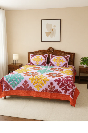 Violet Double Bedsheet with Large Applique Work | Decorative Bedding