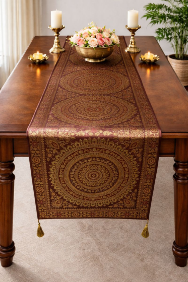 Premium Banarasi Brocade Silk Table Runner -Ethnic Mandala Design  16 x 72 inches - 6 Ft Long - Coffee Brown