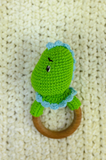 Handmade Dino Teether cum Rattle | Baby Toy | Green