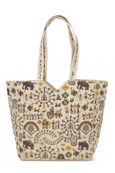 Handmade Cotton Tote Bag with Traditional Applique & Tribal Print | Eco-Friendly Spacious Shoulder Bag for Women | Shopping, Travel & Daily Use