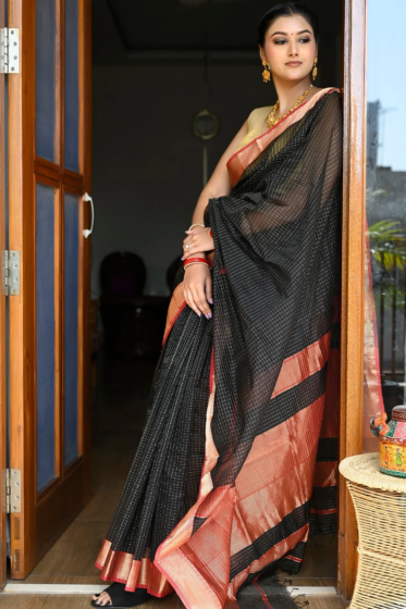 Maheshwari Saree Zari Check Black