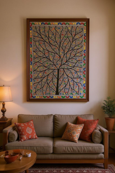 Madhubani Painting of Tree of Life with Chirping Birds 