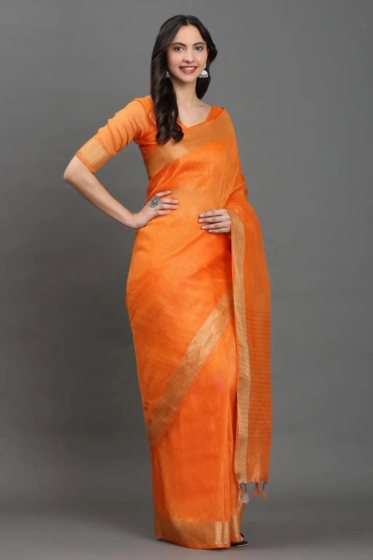 Handwoven Kota Linen Saree with Zari Border | Orange