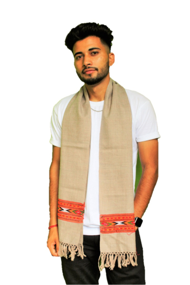 Handloom Woven Pure Wool Kullu Design Men Mufflers-Beige
