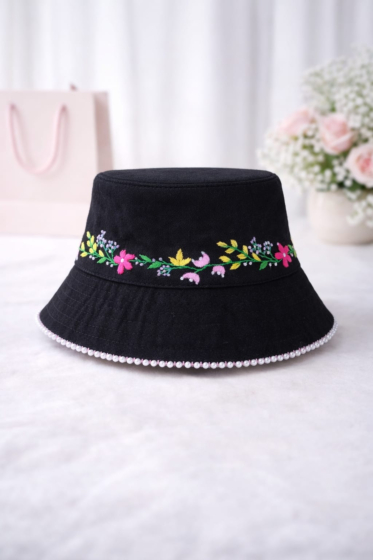 Hand Embroidered Floral Bucket Hat for Women | Handmade Artisan Sun Hat