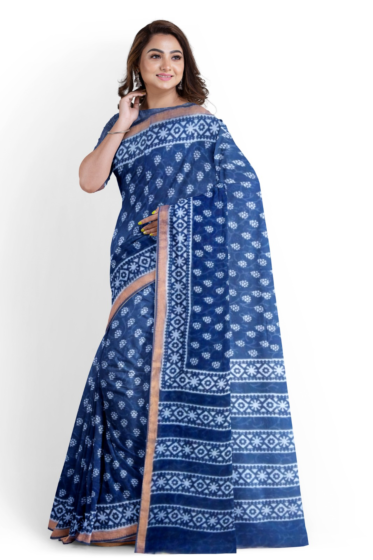 Hand Block Printed Discharge Indigo Maheswari Silk Saree