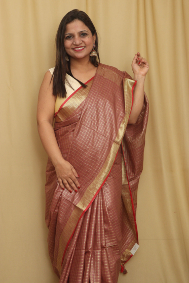 Semi Linen Saree with Golden Zari Mini Box Weaving - Brown Premium Festive Saree