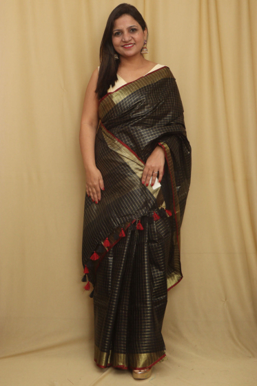 Semi Linen Saree with Golden Zari Mini Box Weaving & Red Border - Black Premium Look