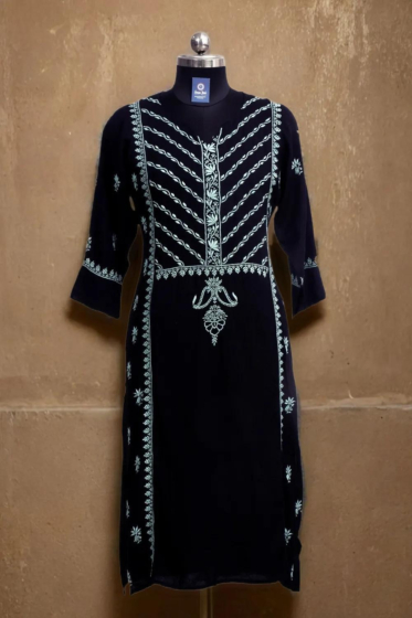 Hand-Embroidered Chikankari Rayon Kurti | Black