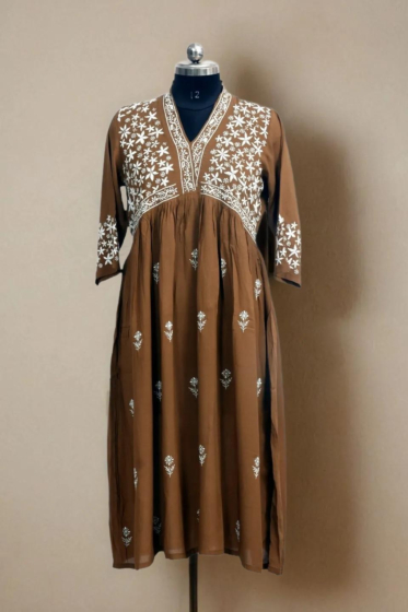 Hand-Embroidered Chikankari Modal V Neck Kurti | Brown