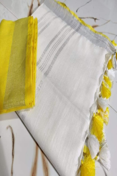 Elegant Semi Linen Saree with Silver Zari Border | White