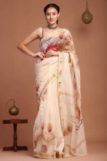 Maheshwari Silk Hand-Painted Off-White Floral Saree
