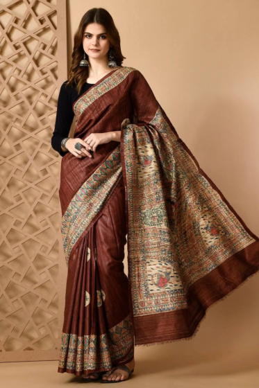 Pure Handloom Tussar Gicha Silk Saree - Madhubani Hand Painted