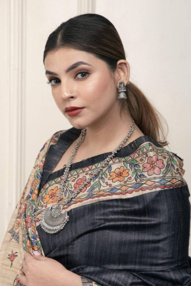 Pure Handloom Tussar Gicha Silk Saree - Madhubani Hand Painted