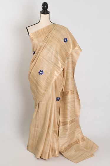 Pure Tussar Ghicha Silk Saree with Embroidery Work & Blouse - Silk Mark Certified Premium Handloom