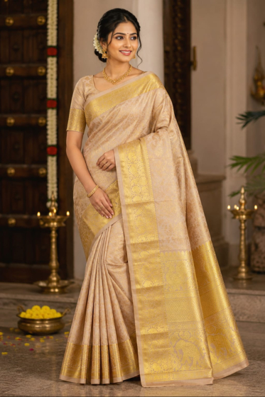 Luxury Salem Handloom Silk Saree with Intricate Zari Weaving |Beige Silk Saree with Traditional Temple Border