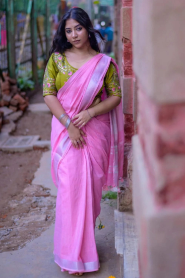 Baby Pink Semi Linen Saree with Silver Zari Border & Running Blouse Piece - Premium Casual Wear