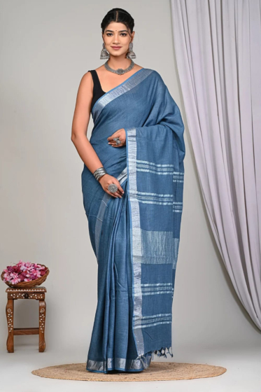 Grey Blue Semi Linen Saree with Silver Zari Border & Running Blouse Piece - Premium Casual Wear