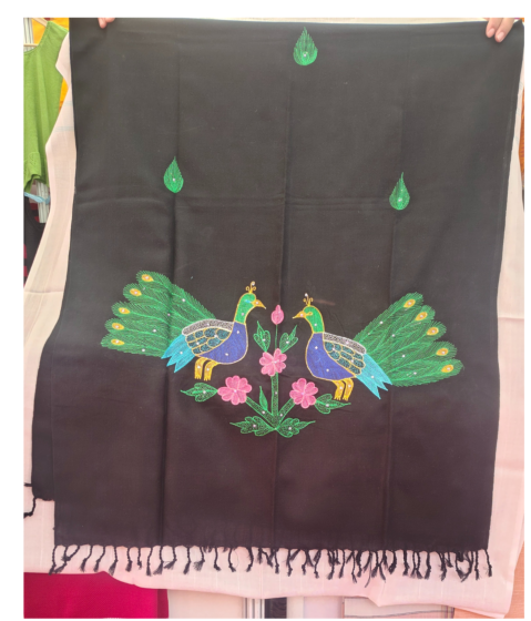 Black Manipuri Shawl with Peacock Motifs