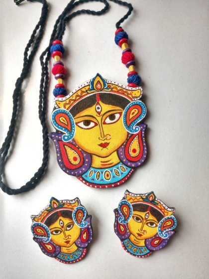 Maa Durga Hand-Painted Cotton Canvas Necklace Set