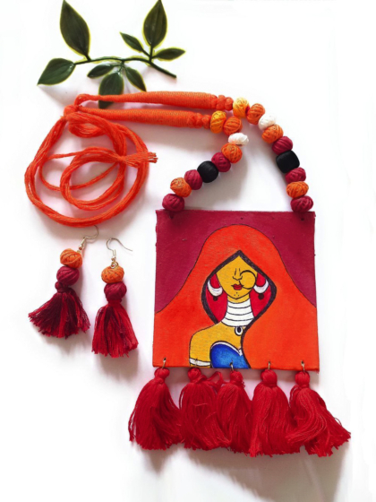Hand-Painted Tribal Lady Canvas Fabric Necklace Set