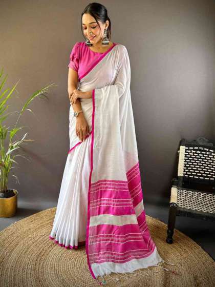 Elegant Semi Linen Saree with Silver Zari Border | White & Pink