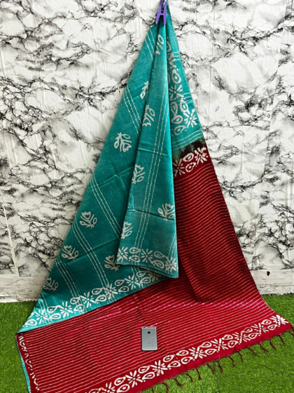 Kota Staple Batik Print Saree with Golden Zari Border & Blouse - Lightweight & Elegant