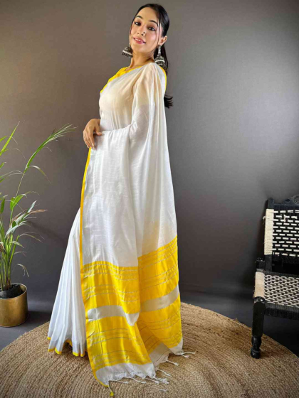 Elegant Semi Linen Saree with Silver Zari Border | White & Yellow