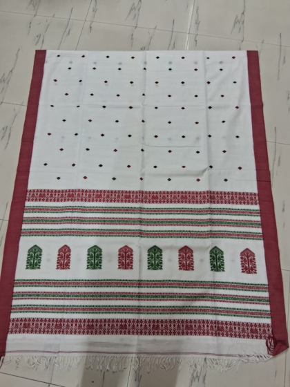 Bengal Handloom Cotton Saree with Blouse Piece | White & Red