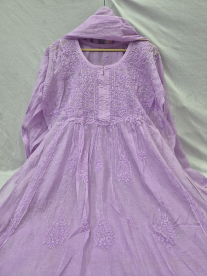 Semi-Stitched A-Line Gown with Chikankari & Mukesh Work