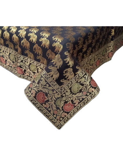 Brocade Silk Table Cloth Square 1 Meter x 1 Meter | Decorative Dining Table Mat with Golden Jacquard Weave | Elegant Home Decor for Festive & Special Occasions - Black
