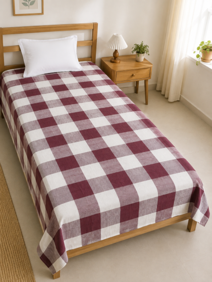 Handloom Cotton Checkered Bedsheet| Maroon & White