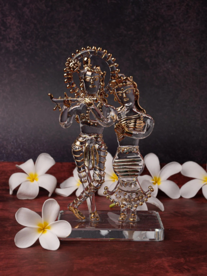 Glass Radha Krishna Statue with Gold Work | 7 inches