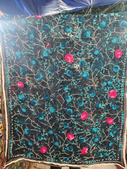 Blue Pink flower design Georgette Phulkhari Duppatta 
