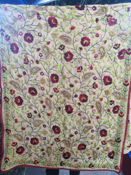 Red flower on cream base Georgette Phulkhari Duppatta 