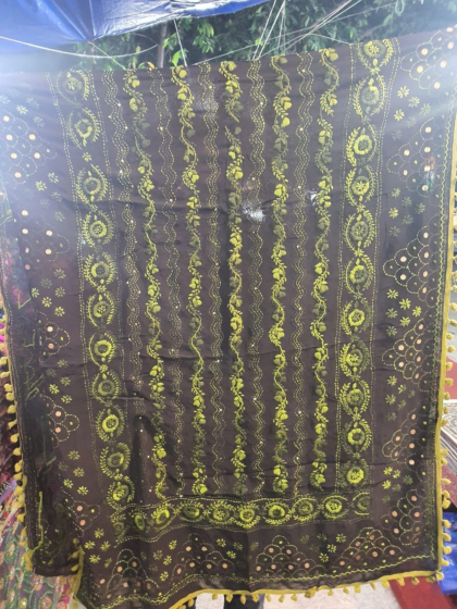 Design in yellow on brown base Georgette Phulkhari Duppatta 
