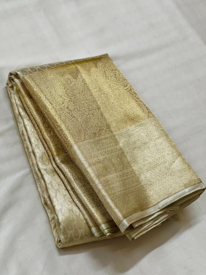 White Tissue Kanchipuram Handloom Silk Saree with Silver & Gold Zari 